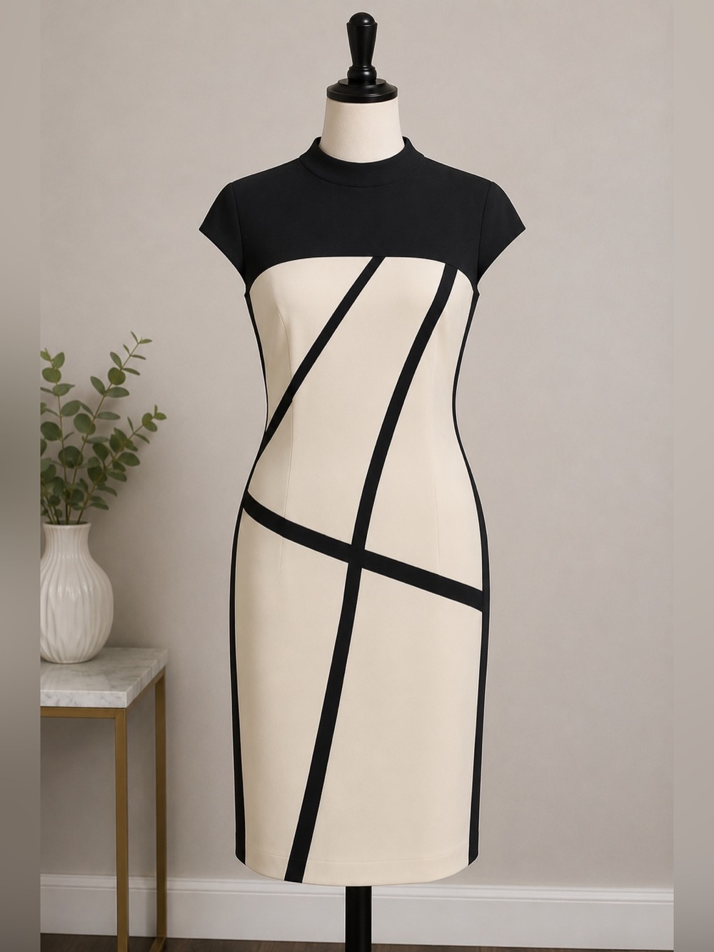 MI JONG Lee shift dress black cream lined sz 8